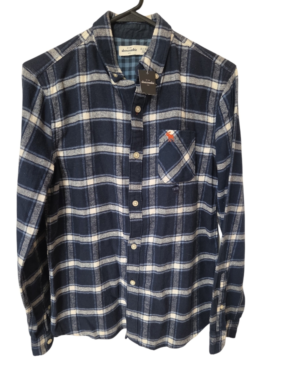 Abercrombie & Fitch Men's Navy and White Plaid Button-Down Shirt